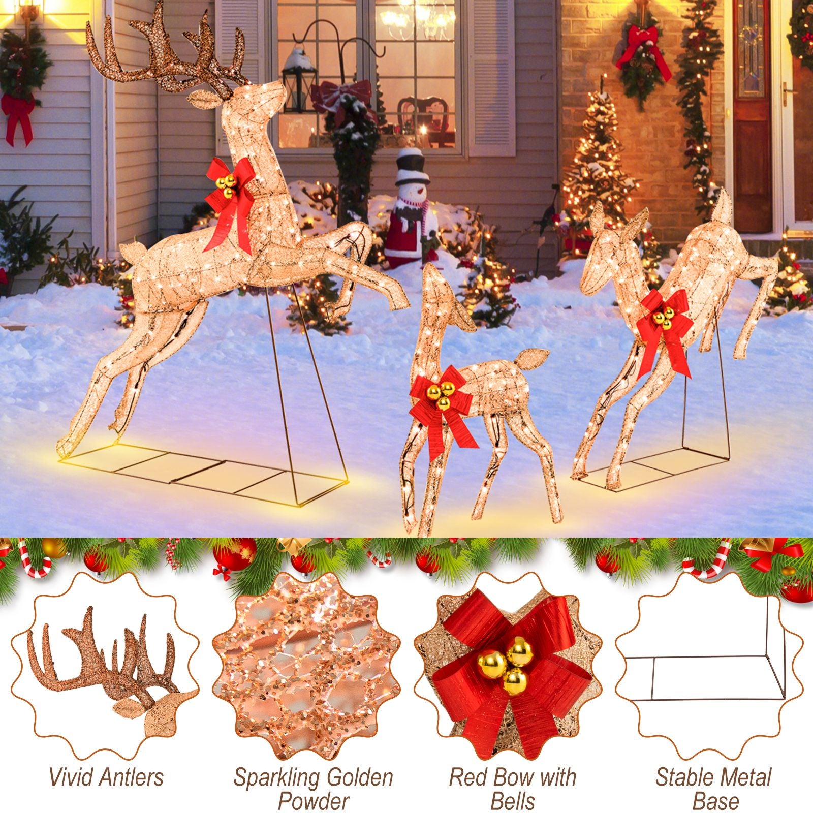 3 Piece Lighted Christmas Reindeer with 255 Warm White Lights