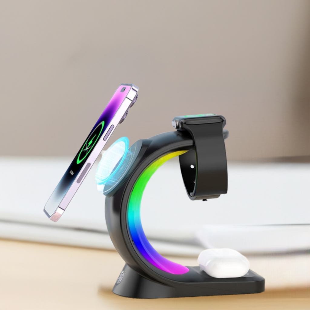 4 In 1 Magnetic Wireless Charger Fast Charging For Smart Phone Atmosphere Light Charging Station For Airpods Pro I-phone Watch